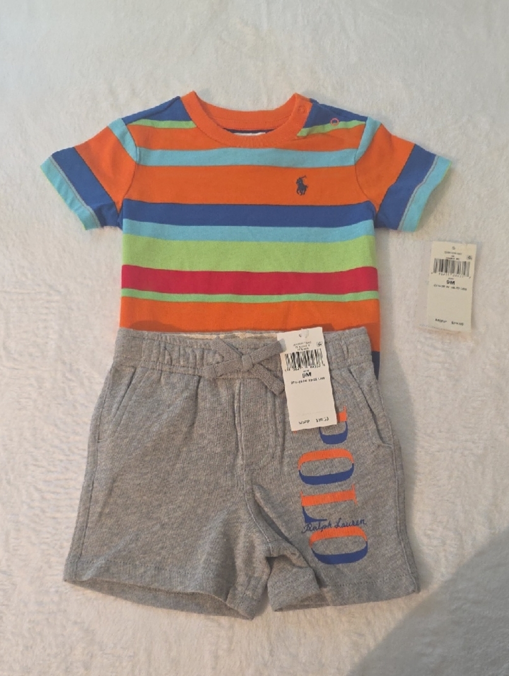 Ralph Lauren Orange Multi-Stripe Tee with Gray Shorts